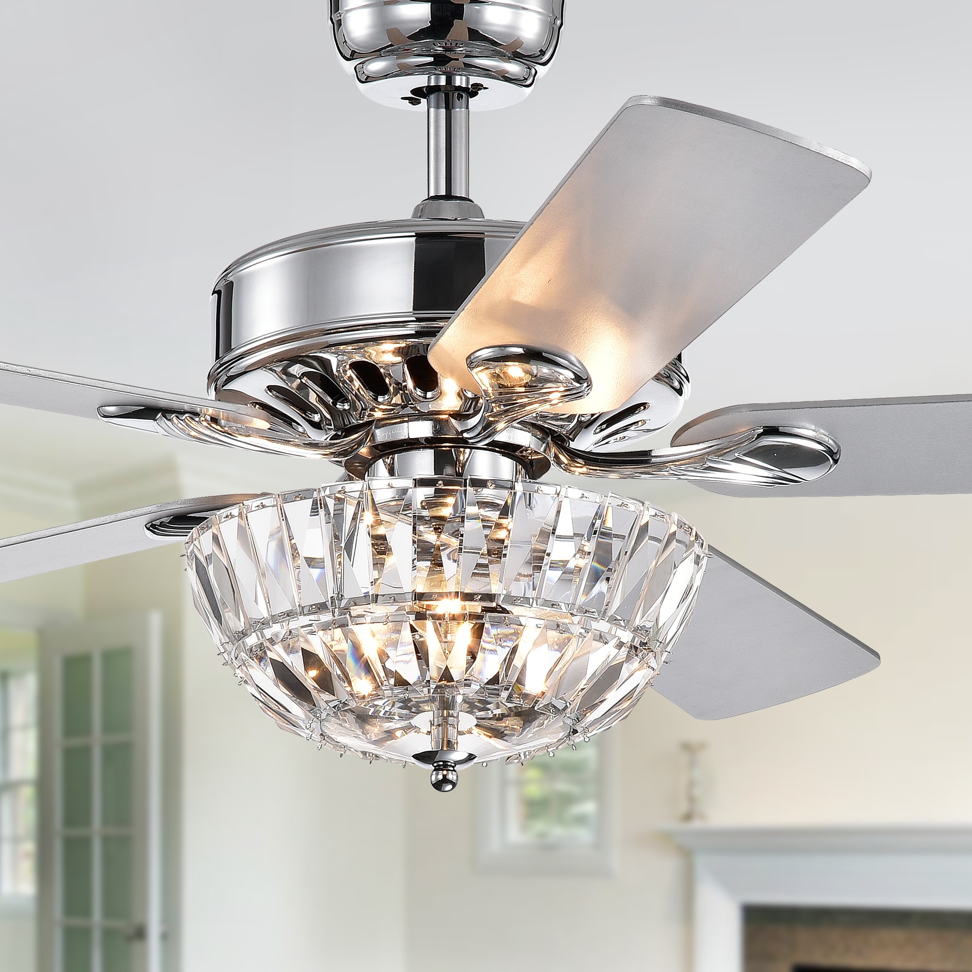 Warehouse of Tiffany Senma 52-inch 3-light Lighted Ceiling Fan with Crystal Bowl Shade (incl. Remote & 2 Color Option Blades)