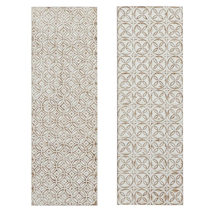 White Wooden Intricately Carved Geometric Home Wall Decor (Set of 2)