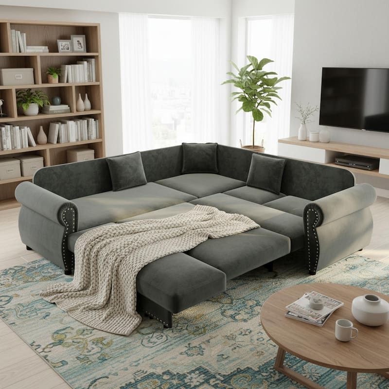 Homy Casa L-Shaped Sectional Sofa w/ Pull-Out Bed, Chenille Sleeper Couch w/ Nailhead Trim & Rolled Arm, Oversize