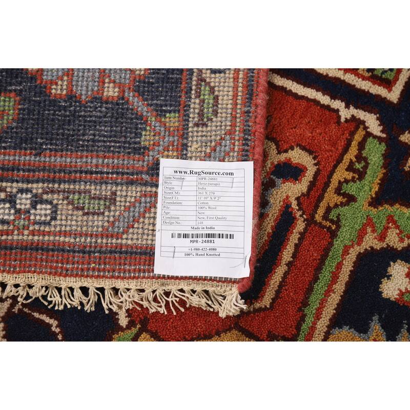 Orange Geometric Heriz Serapi Indian Area Rug Handmade Wool Carpet - 9'2" x 11'10"