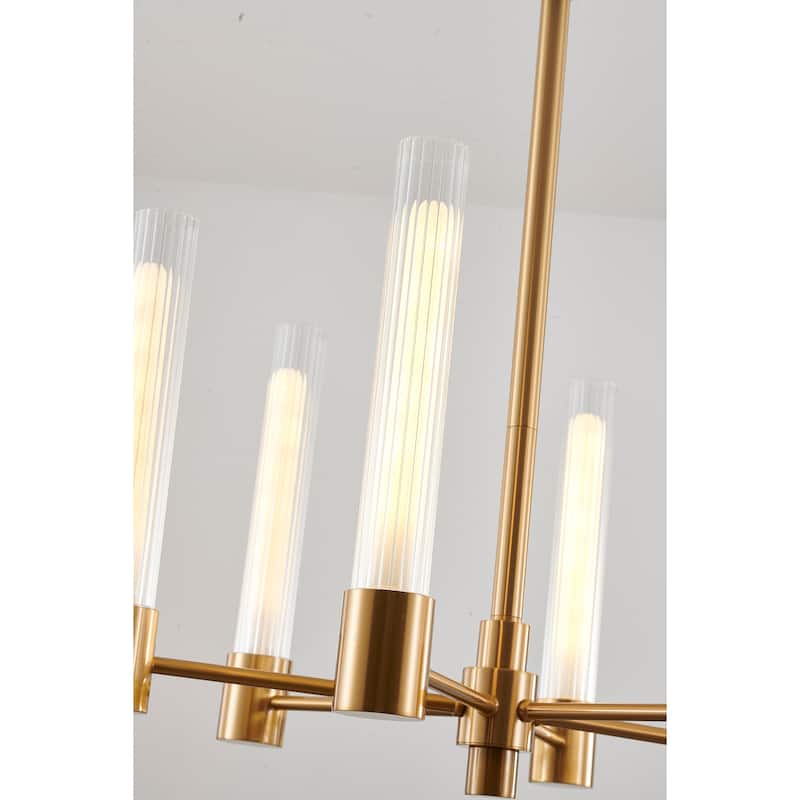 6-Light Brass Chandelier With Ribbed Clear Glass Shades