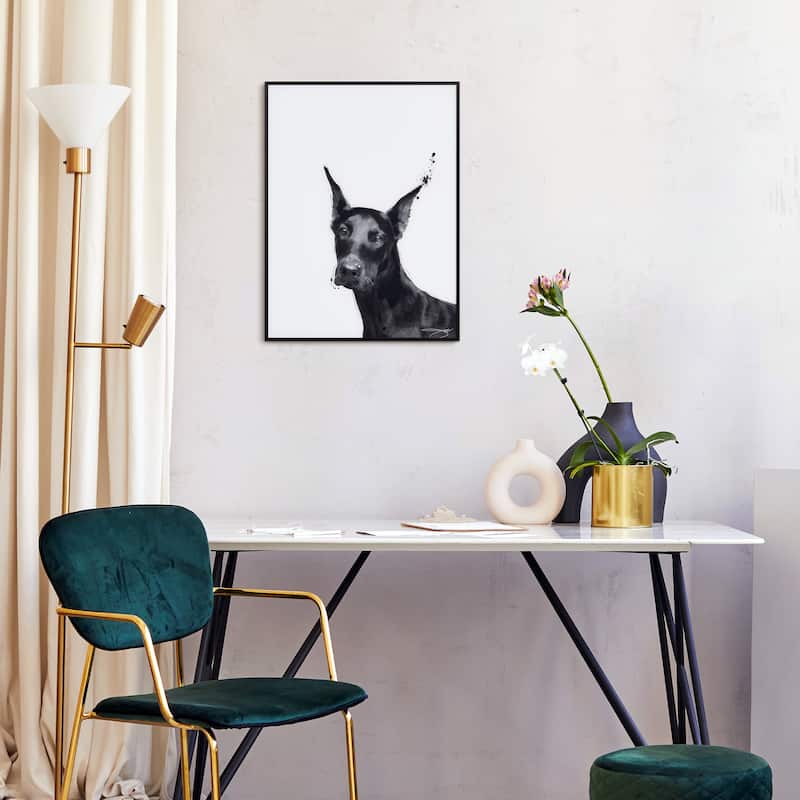 "Doberman" Black and White Pet Paintings on Printed Glass Encased with a Black Anodized Frame