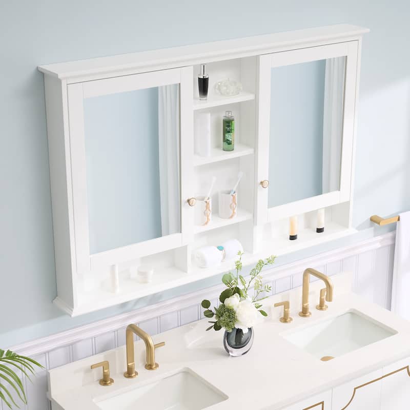 Modern Surface Mount Solid Wood Framed Medicine Cabinet With Mirror and Shelves