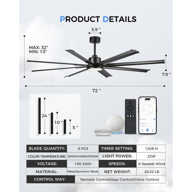 72/84/96 inch Aluminum Industrial Ceiling Fan with Integrated LED