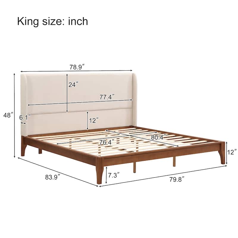 Solid Bamboo Wood Platform Bed with 48" Double Wing Upholstered Headboard