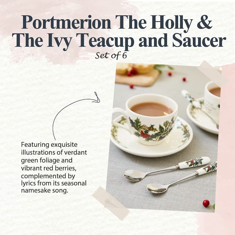 Portmeirion Set of 6 Christmas The Holly and Ivy Teacups and Saucers - 6.7 oz