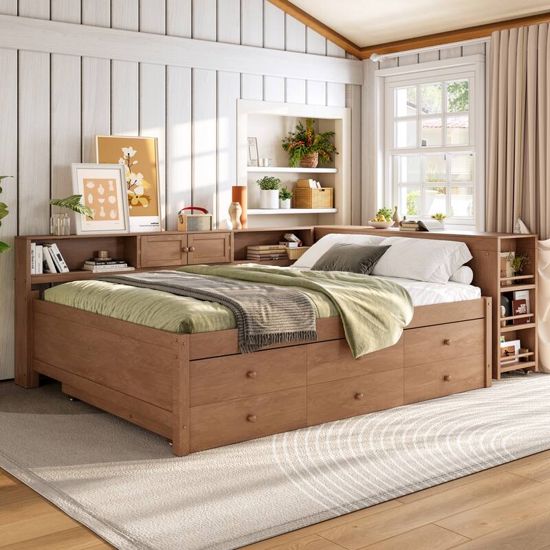 Full/Twin Daybed with Trundle & Storage Drawers - Wood Frame with Side Shelves and Desk