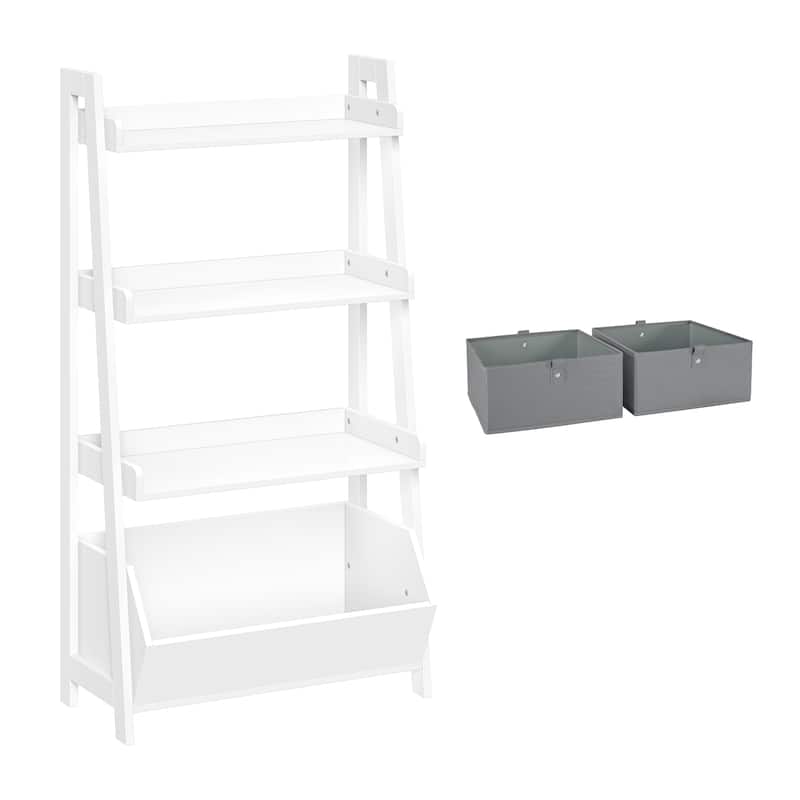 RiverRidge Kids 4-Tier 24in Ladder Shelf Toy Organizer with 3 Open Display Shelves- White with Two 5" Fabric Bins