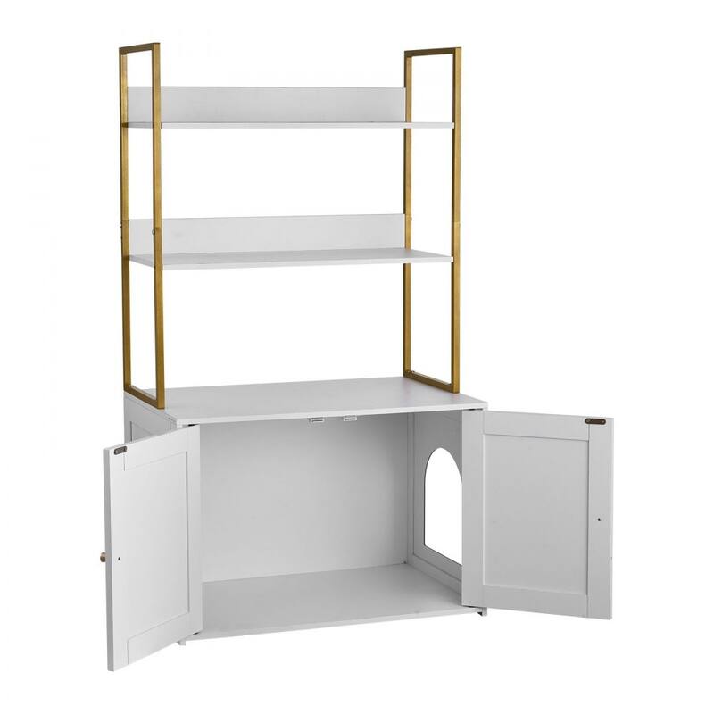Modern White Cat Litter Box Enclosure with Gold Handles and Dual Door Hidden Cat Cabinet Table - 27.56 x 17.72 x 49.02 in