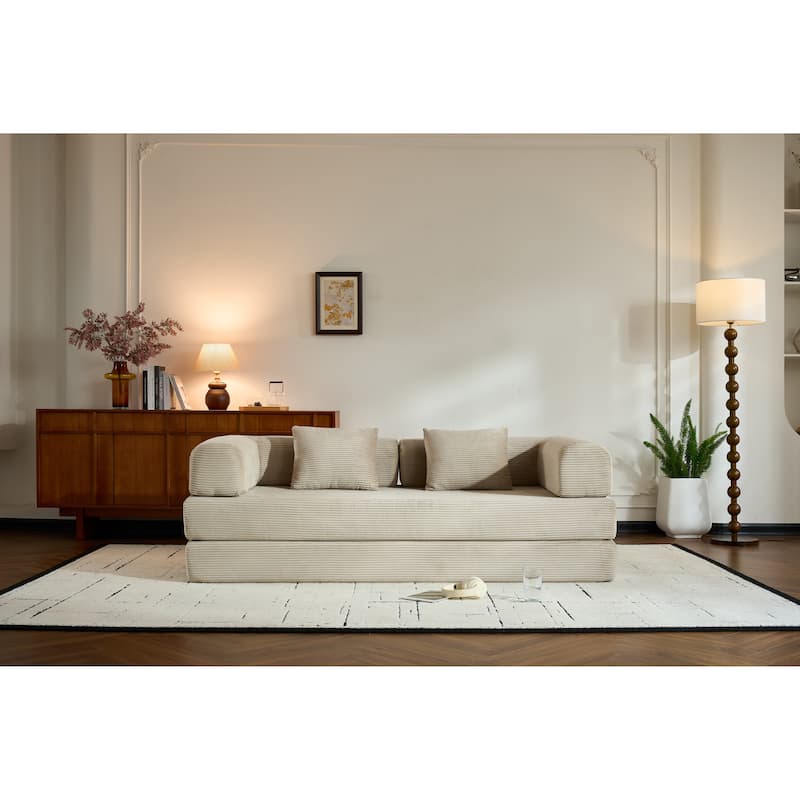 Convertible Sleeper Sofa Bed with Pillow, Corduroy Folding Mattress Couch with Fixed-Shape Frame, Floor Lounge Loveseat Sofa