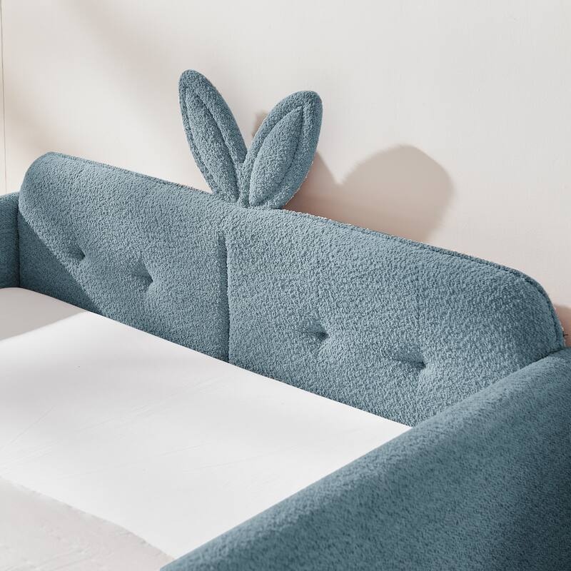 Full Size Upholstered Platform Bed with Cute Rabbit Ear Shaped Headboard, with Safety Rail and Pocket, Boucle Fabric