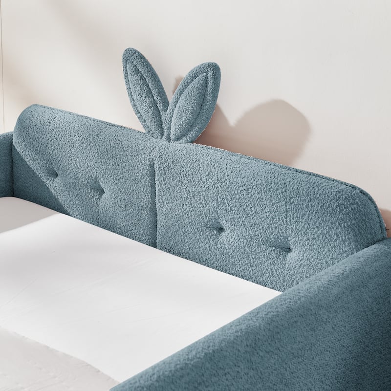 Upholstered Platform Bed with Safety Rail Pocket and RabbitEar Platform Bed w/Skin-friendly Boucle Wood Slat Support Bed Frame