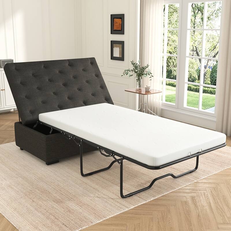 66" Convertible Ottoman Sleeper Sofa Bed, Tufted, Memory Foam Mattress - Dark Grey