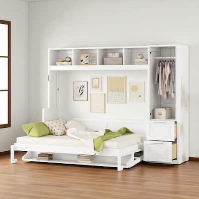Queen Size Murphy Wall Bed with Closet and Drawers, Space Saving Foldable Bed with Storage Cabinet and Wardrobe