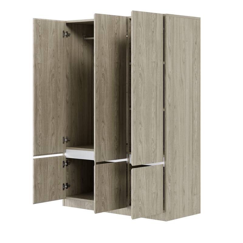 6-Doors Wooden Wardrobe Storage Armoire with Built-in Hanging Rail Clothes Storage Cabinet for Bedroom