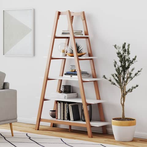 Nathan James Carlie White and Brown 5-Shelf Display or Decorative Ladder Bookcase