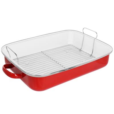 Martha Stewart 18In Enameled Steel Roasting Pan Red with Roasting Rack