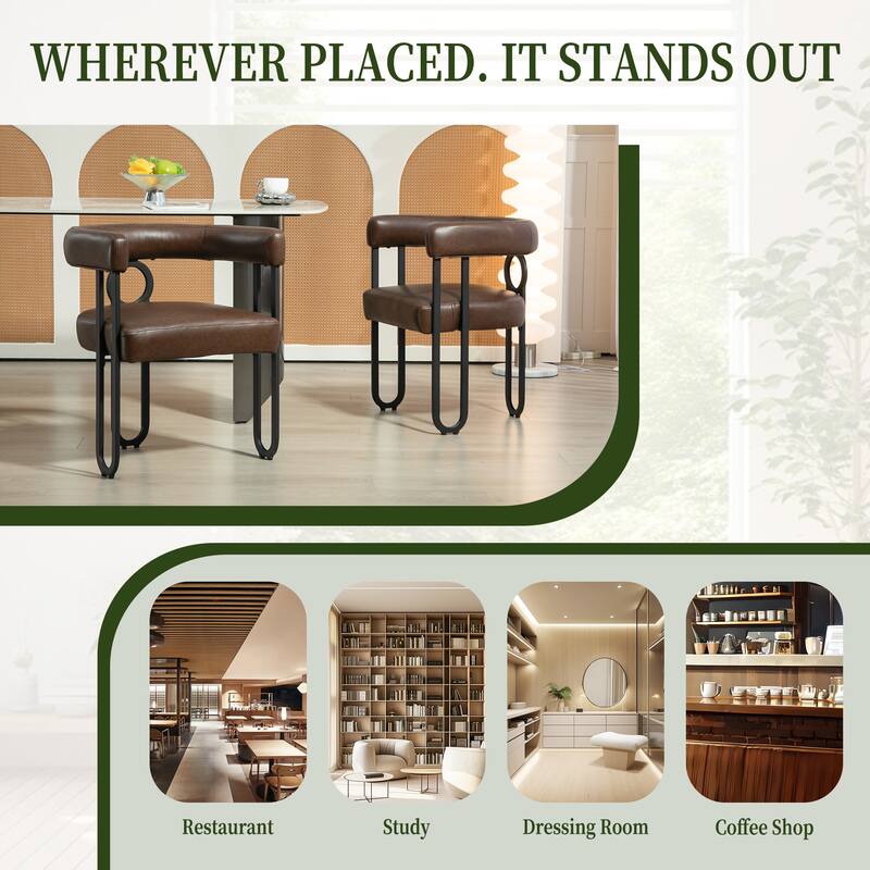 Dark Brown PU Upholstered Accent Chair Dining Chair Barrel Side Chairs Kitchen Armchair for Living Room Dressing Room Set of 3