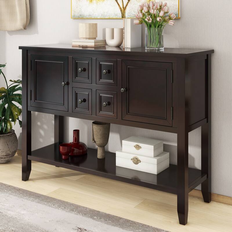 Ample Storage Vintage Console Table with Four Small Drawers and Bottom Shelf for Living Rooms, Entrances and Kitchens