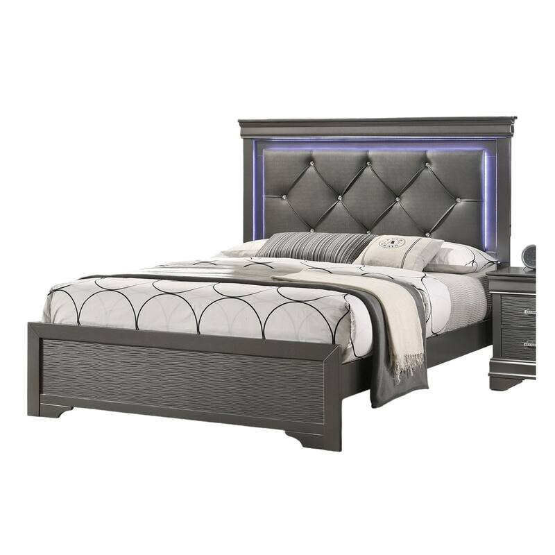 Queen Size Dark Gray Faux Leather Tufted LED Headboard Bed with Unique Textured Footboard