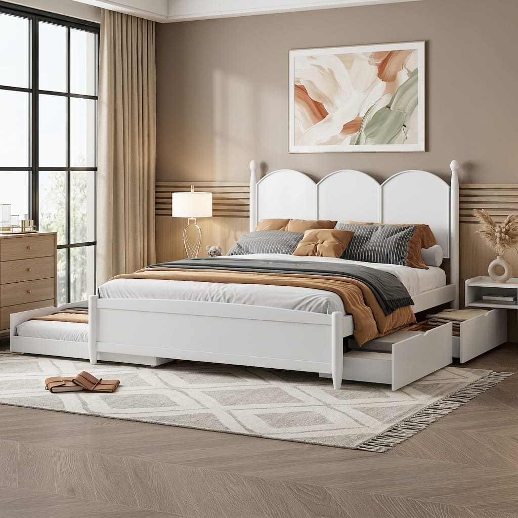 Queen Platform Bed with Twin XL Trundle & Dual Storage Drawers by Harper&Bright Designs