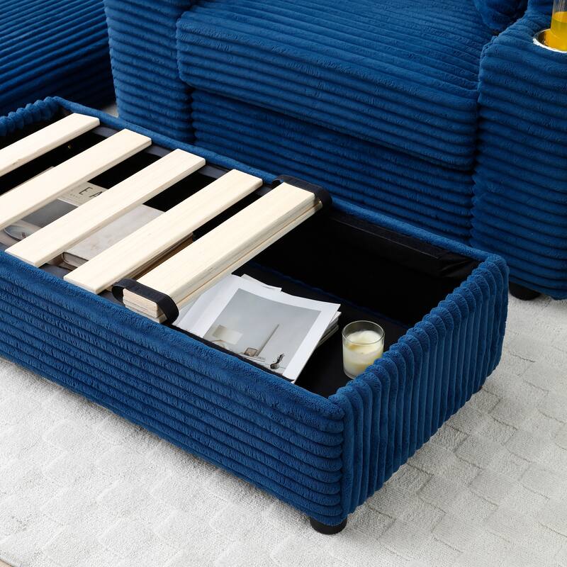 Set of 2 Sofa Armhair & Storage Ottoman, Corduroy Single Chaise Lounge with Extra Wide Armrests and Cup Holders