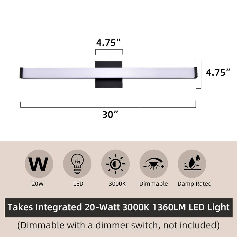 Modern Integrated LED Vanity Light Bar - 6 Variants (24in/30in, Matte Black/Brushed Nickel/Gold), 3000K, Damp Rated for Bathroom