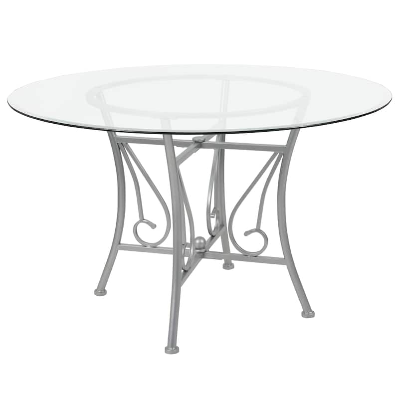 48'' Round Glass Dining Table with Curl Accent Matte Metal Frame - 48"W x 48"D x 29"H - 48"W x 48"D x 29"H