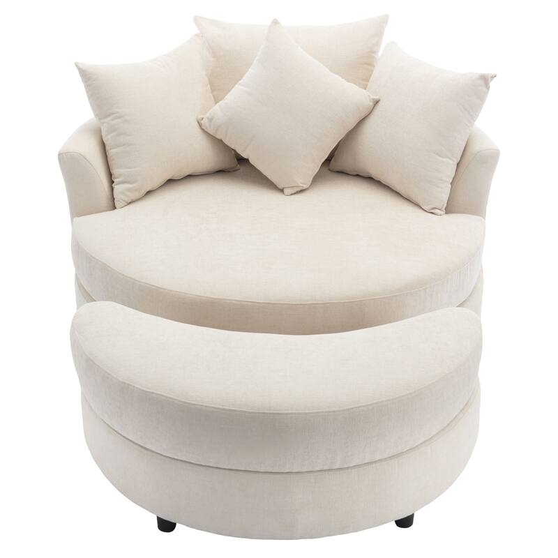 Oversized Swivel Barrel Chair, Chenille Upholstered Leisure Chair, Sofa Chair with Storage Ottoman & 4 Pillows