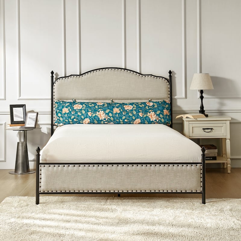 Eulalia Transitional Upholstered Platform Metal Bed Frame Four Poster Bed with High Headboard&Pillow - Blue