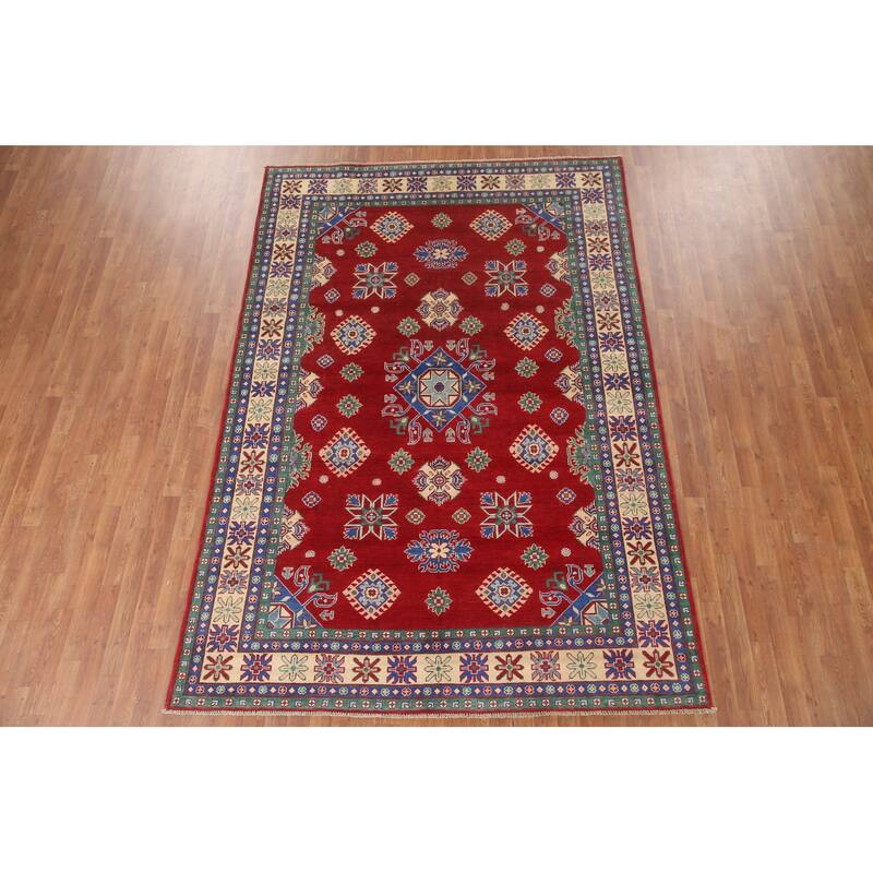 Hand Knotted Oriental 100% Wool Carpet Traditional Geometric Red Kazak Area Rug - 9' 7'' X 6' 7''