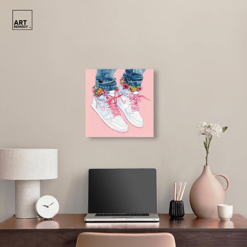 Blush Floral Bloom Sneakers Canvas by Art Remedy, Gallery Wrapped