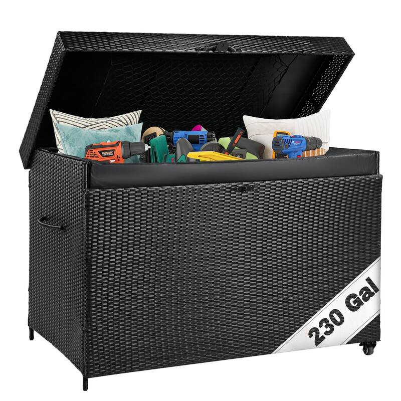 Grey Heavy Duty Wicker Storage Deck Box with 4 Wheels, Lockable Lid and Bench for Patio Poolside and Garage​