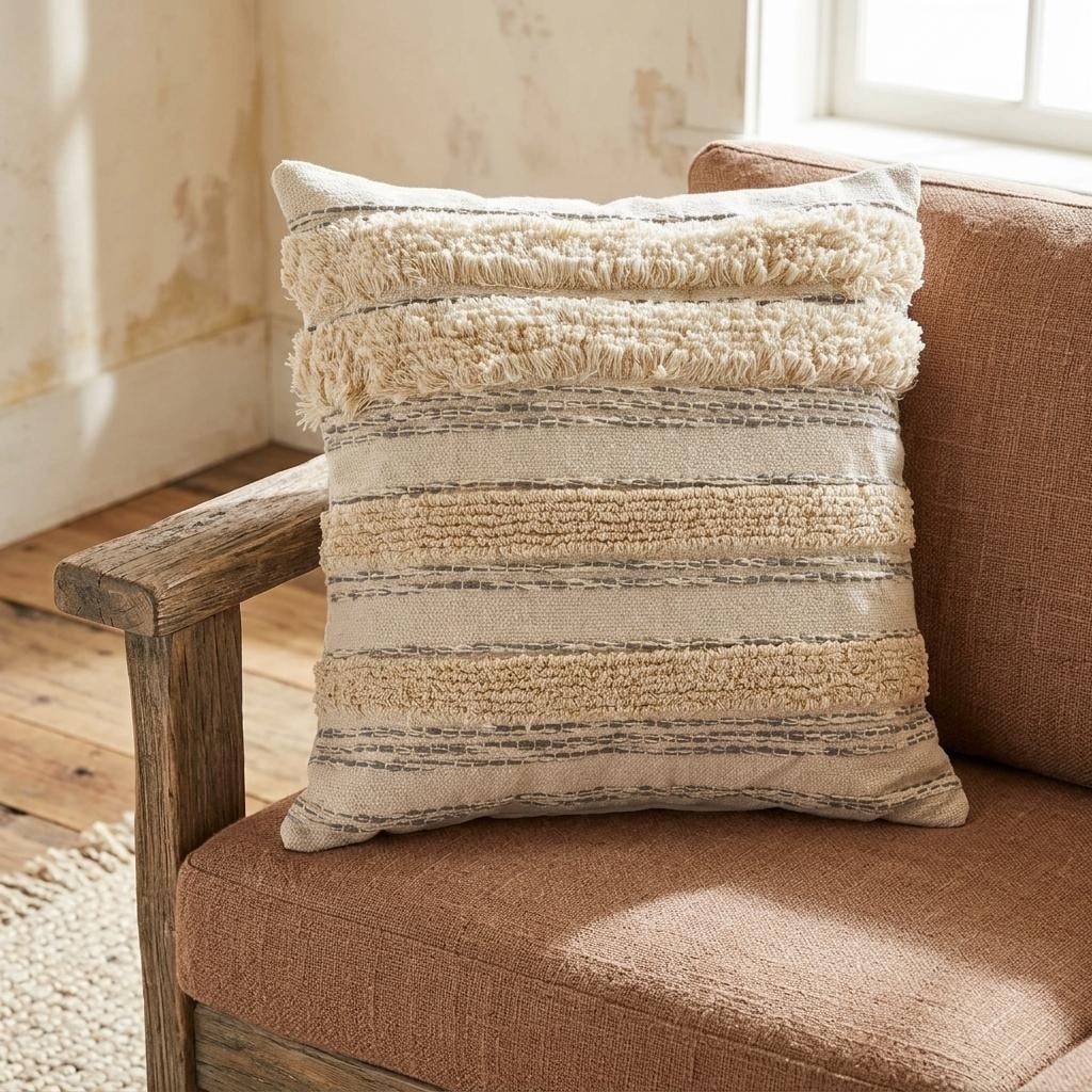 HomeRoots 20" Cream Gray And Tan Cotton Striped Throw Pillow