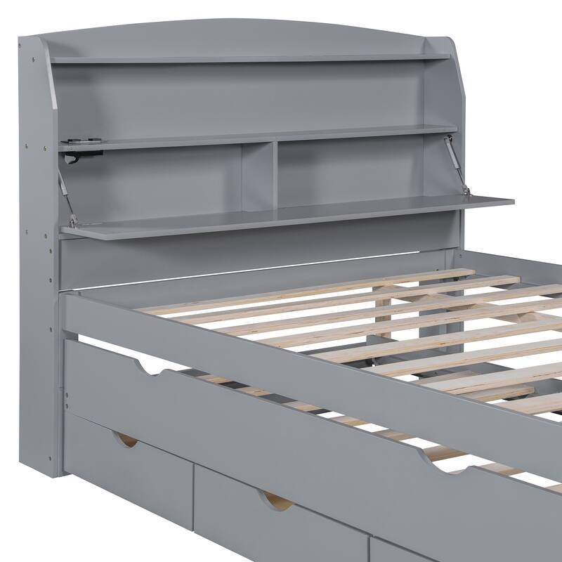 Wooden Platform Bed with Pull Out Trundle Bed and Drawers, All-in-One LED Headboard with Charging Station and Flip Up Storage