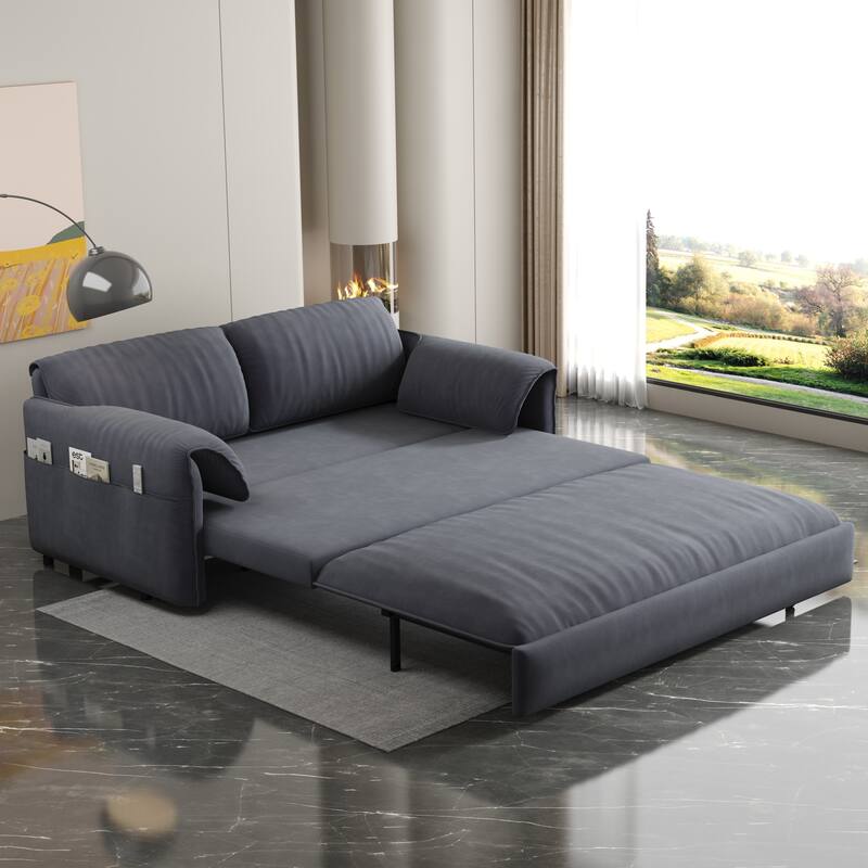 Convertible Sofa Bed, 3-in-1 Multi-Functional Velvet Queen Pull Out Sofa Bed, 63.8'' Sleeper Sofa Loveseat Bed with Side Storage - Grey