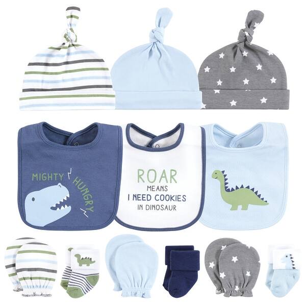 slide 1 of 1, Hudson Baby Infant Boy Caps or Headbands, Bibs, Mittens and Socks 12pc Set, Dinosaur, 0-6 Months - Dinosaur 0-6 Months - Dinosaur