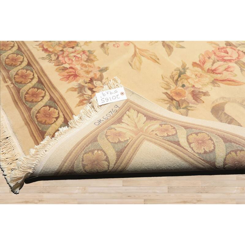 5'9''x9 Hand Knotted Wool & Silk Ivory French Aubusson Savonnerie 300 KPSI Asmara Rug - 5' 9'' x 9'