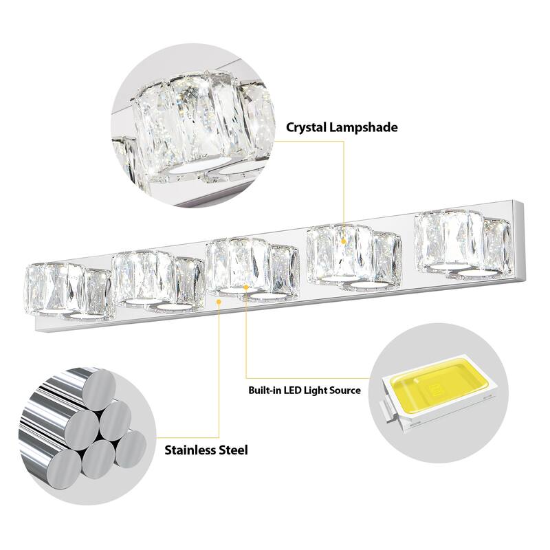 35" Modern Crystal 5-Light LED Wall Sconce - Elegant Chrome Bathroom Vanity Light with Clear Crystal Shades