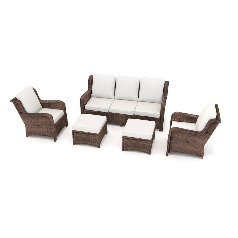 5 Piece Rattan Outdoor Patio Conversation Set, All Weather Hand Woven Wicker Sectional Sofa Set with Removable Cushions - Brown Grey,Off White