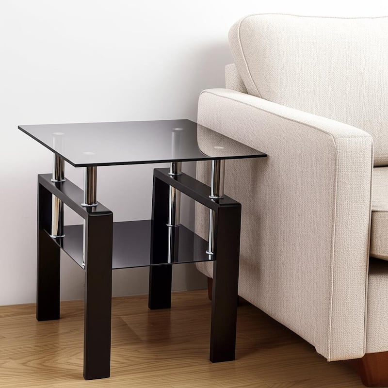 HomeRoots Black Glass and Metal Square End Tables With Shelf - 17.72 in. x 20.48 in. x 17.72 in. - Black - Glass