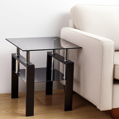 HomeRoots Black Glass and Metal Square End Tables With Shelf - 17.72 in. x 20.48 in. x 17.72 in.