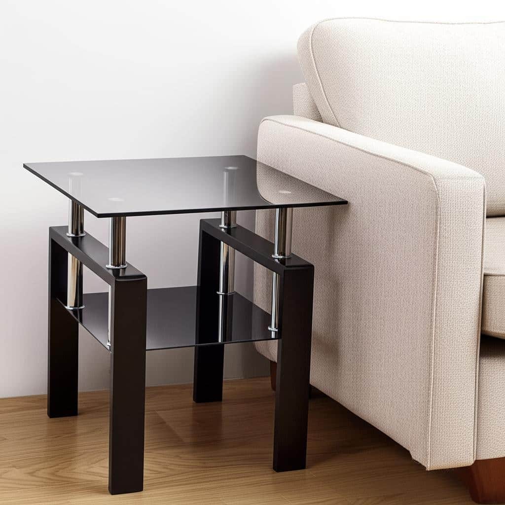HomeRoots Black Glass and Metal Square End Tables With Shelf - 17.72 in. x 20.48 in. x 17.72 in.