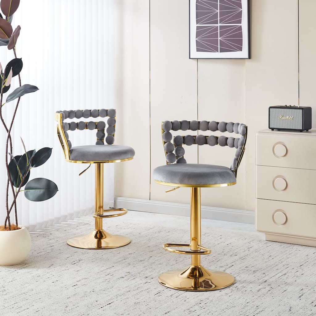 Set of 2 Modern Bar Chairs with Gold Iron Legs & Soft Cushions, Grey Upholstered Barstool for Cafe, Dining & Living Room