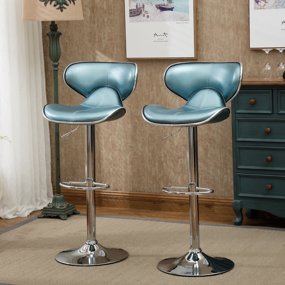 Faux Leather Upholstery Bar Stool Set of 2, Adjustable Swivel Bar Stool with Chrome Base for Kichen Island, Bar & Counter