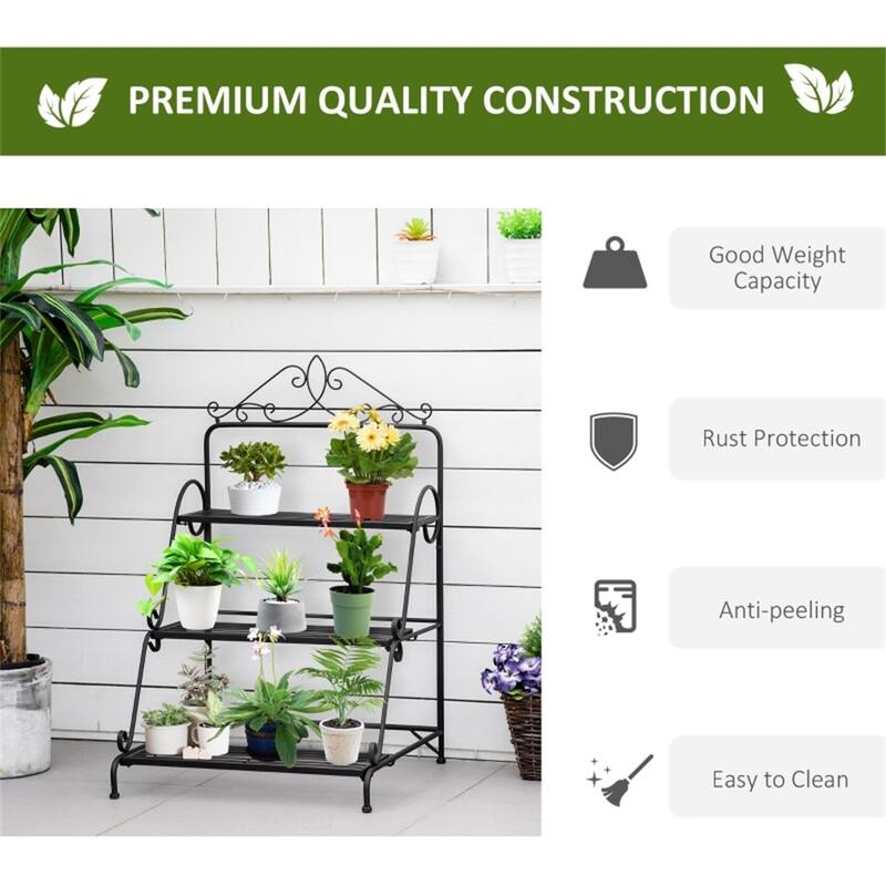 Metallic Black Steel 3-Tier Plant Stand with Scrollwork and Storage - 23.75" L x 23.5" W x 37.5" H