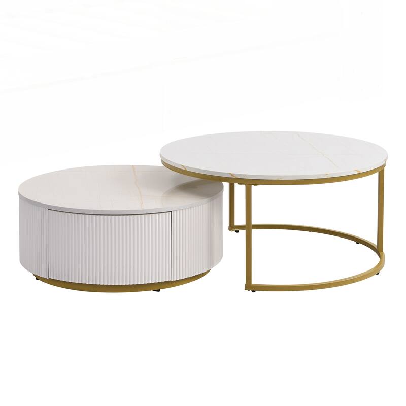 Modern Round Nesting Coffee Table Fluted with Drawer