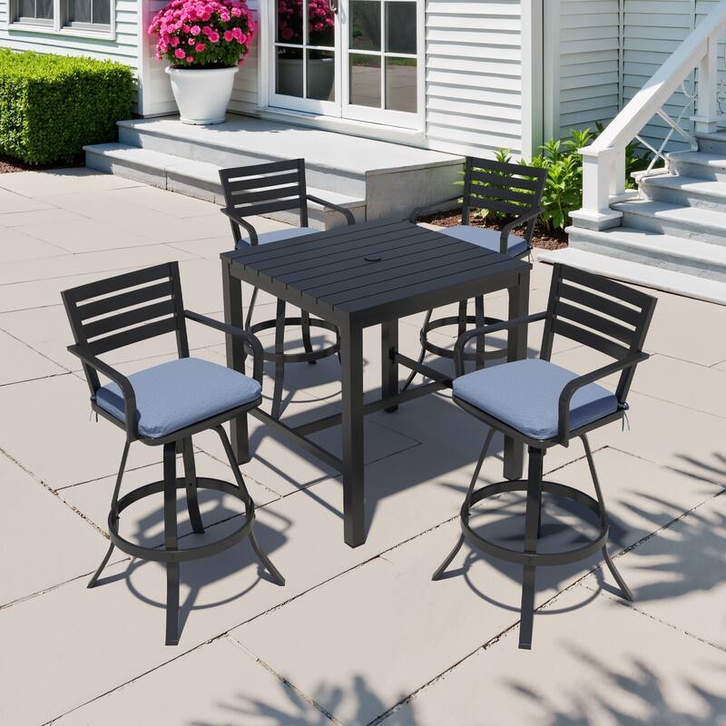 3/5-Piece Outdoor Bar Stool Set Aluminum Swivel Bar Stools with Sunbrella Cushion - Spectrum Denim - Set of 5
