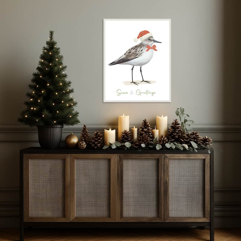 Christmas Sandpiper I by Lucca Sheppard Framed Canvas Wall Art Print - Sylvie Beaded White