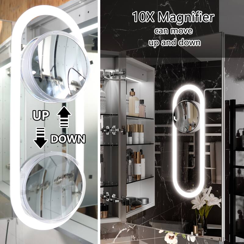 36'' H Recessed or Surface Mounted Bathroom LED Mirror Cabinet With Defogger, Dimmer, 10x magnifying